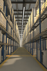Corridor of Tall Warehouse shelves with boxes and pallets with retailed products and manufactured goods Industrial Corporate Business Theme 3D render style