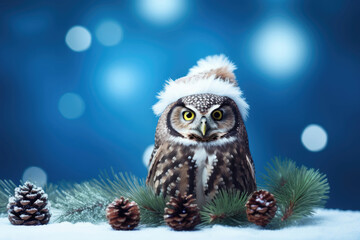 Fototapeta premium Christmas card with an owl wearing a Santa hat with copy space for your text