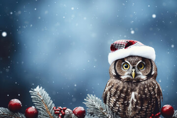 Christmas card with an owl wearing a Santa hat with copy space for your text