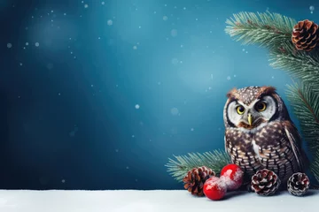 Foto op Canvas Christmas card with an owl wearing a Santa hat with copy space for your text © Veniamin Kraskov