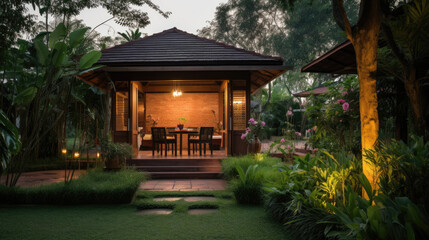 Fototapeta premium A small one-story house amidst a bamboo garden. Made from local materials Combined with exterior decorative glass Located in the northeastern region of Thailand.