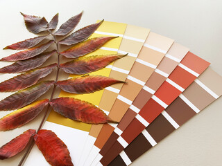Concept: nature inspires colors. Paint samples with autumn leaves on a light background. Bright...