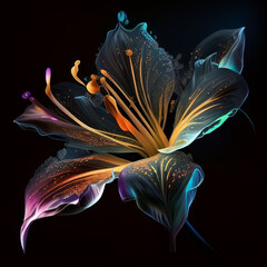 Lily flower. Shining magical neon flower isolated on a black background. Generative AI.