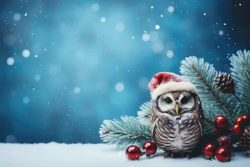 Deurstickers Christmas card with an owl wearing a Santa hat with copy space for your text © Veniamin Kraskov