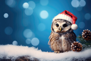 Christmas card with an owl wearing a Santa hat with copy space for your text
