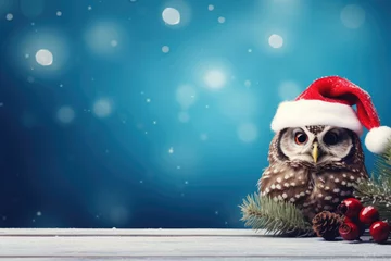 Foto auf Leinwand Christmas card with an owl wearing a Santa hat with copy space for your text © Veniamin Kraskov