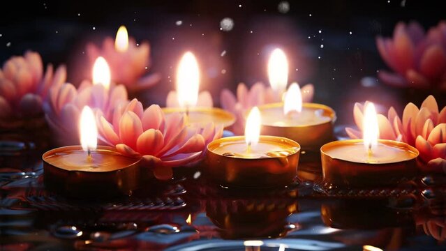 Realistic diwali lamps on a reflective base, Diya oil lamp and flowers on red background, footage video background