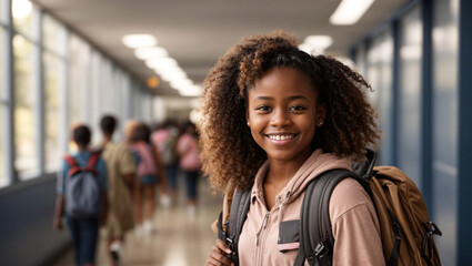 happy african american girl returning to school - obrazy, fototapety, plakaty