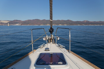 A boat trip on the Oceanis 45 yacht in the Black Sea. Novorossiysk, Russia. 15.10.2023