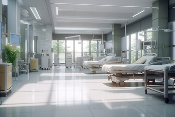 Hospital intensive care ward with empty beds. Modern clinic with advanced equipment. Best medical healthy treatment center