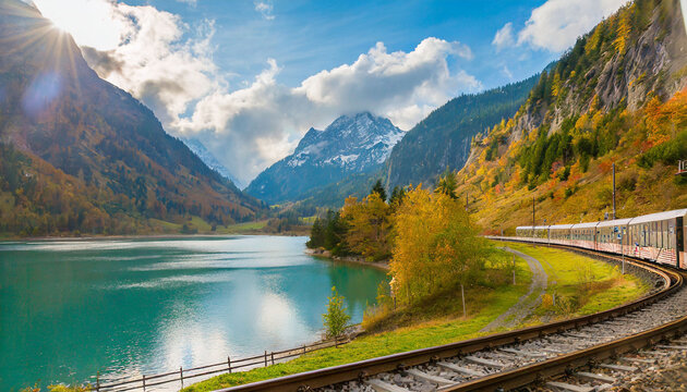 view from the train of a lake in Alps in fall