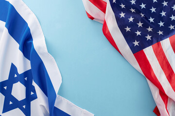 United States - Israel cooperation concept. Top view composition of American flag and Israeli flag...