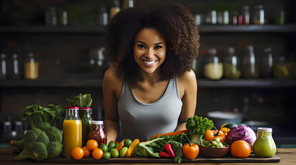 black woman smiling and drinking her green detox juice, healthy table, conscious eating, detoxification with juices