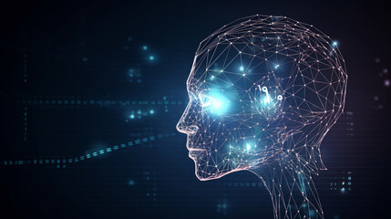 Future AI tech machine learning, face outline circuit board and binary data flow on dark background. cyber mind Human fast digital computing, robot revolution, artificial intelligence. Generated AI
