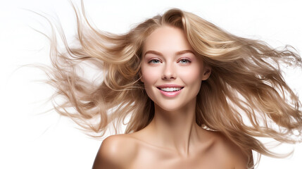 Fototapeta premium beautiful young female model woman shaking her beautiful blonde hair in motion. ad for shampoo conditioner hair products, generative ai