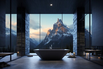Modern contemporary loft-style bathroom with mountain-style nature view