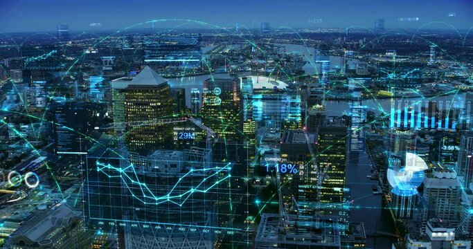 Futuristic Aerial Skyline of London with Stock Exchange Figures and Network Connections. Hyperconnected Smart City with Augmented Reality Elements, Financial Charts And Data. AR, IOT.
