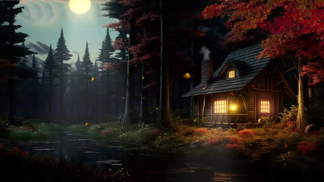 A traditional house, abandoned, cabin or hut in the woods at night in cartoon or anime illustration style video background
