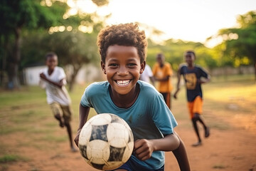 Little African boy is playing football with happy friends in village. - obrazy, fototapety, plakaty