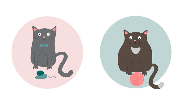 Vector image of two cute cats, cartoon, flat, drawings for children.