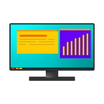 Vector image of a computer monitor with text and graph on the screen.