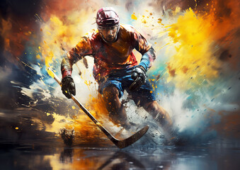 Watercolor abstract illustration of hockey player. Hockey player in action with colorful paint splash. AI generated.