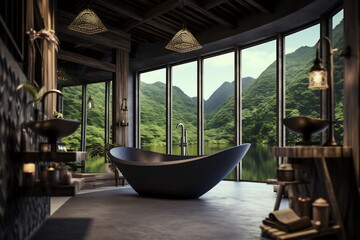 Modern contemporary loft-style bathroom with tropical-style nature view