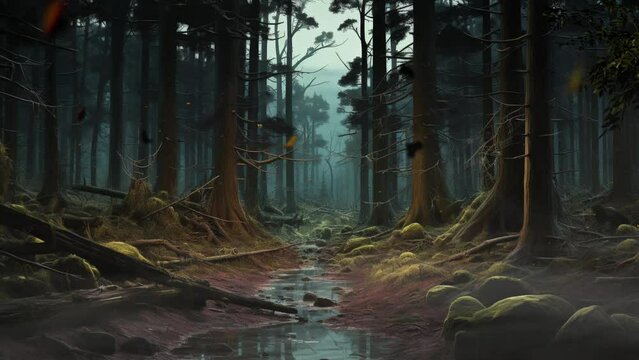 Trees in the scary dark forest in cartoon or anime illustration style video background