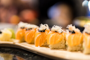 Salmon maki roll dish in Japanese restaurant