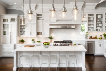 Bright white kitchen with subway tile backsplash, quartz countertops, and pendant lights.