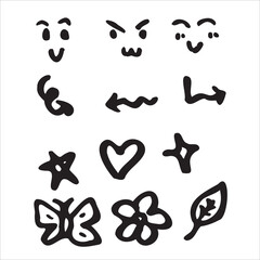 vector random smile, arrow, start, heart, love, butterfly, shinning, flower, leaves