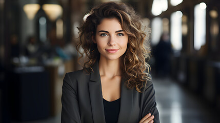 Obraz premium business woman standing with her arms crossed. looking camera at office background