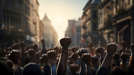 Arms raised in protest. Group of protestors fists raised up in the air. - obrazy, fototapety, plakaty