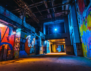 Abandoned factory building with many graffiti on the walls at night, A vivid haunting image of an abandoned nightclub. Dark, graffiti-covered walls frame the dimly lit space