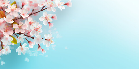 Obraz premium Blue gradient background adorned with a branch of pink cherry blossom flowers in various stages of bloom on the right side.