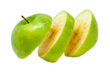 ripe delicious apple cut in slices isolated floating on white background
