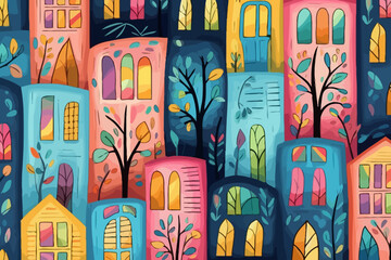 Large windows quirky doodle pattern, wallpaper, background, cartoon, vector, whimsical Illustration