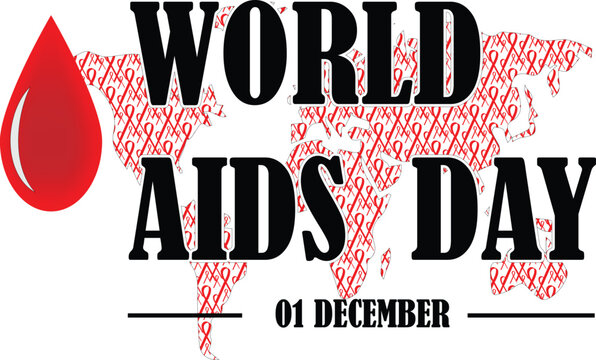 Red ribbon of aids awareness with text for 1st December World Aids Day. World map.