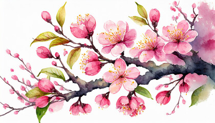 Sakura on white background. Watercolor cherry bud. Cherry blossom flower blooming vector. Pink sakura flower background. Cherry blossom branch with sakura flower. Watercolor cherry blossom