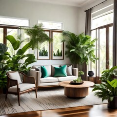 Fototapeta premium living space adorned with lush green houseplants and inviting sofas.