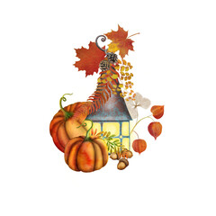 Autumn pumpkins, vintage lamp, pinecones, fall leaves, Physalis flowers, acorns watercolor illustration isolated on white. Colorful Thanksgiving clipart