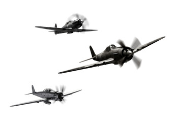 Classic black and white WWII aplaines, aircraft, planes, in flight. Spinning propellers. Battle, war, military, fight, bombers. 