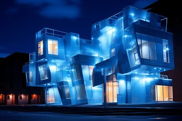 Contemporary urban artwork. Innovative buildings lit in cool blue. Generative AI - obrazy, fototapety, plakaty