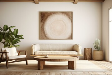 Modern beige living room with blank frame on wall, boho style interior, wood table, chairs. Generative AI