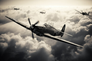 muted noir noire black and white cloudscape with WWII airplanes in flight. Bombers attacking. In flight. pearl harbor attack. Cinematic interpretation of the bombers fighters. old war photography.