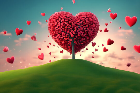 Heart tree. Red heart shaped tree on green grass hill and blue sky background. Love. Valentines day 3D render with pink and red hearts - concept love, AI generated. 