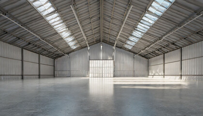 d rendering of an empty warehouse with a large blank wall. d rendering of large hangar building and concrete floor and open shutter door in perspective view for background - obrazy, fototapety, plakaty