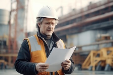 A civil engineer holding document in his hand looking forward to the construction site