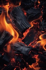 Charcoal burning in flames and fire. Top view composition. Ai generative