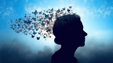 silhouette of senior woman with butterlies